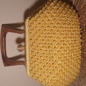 Vintage Italian Yellow beaded bag wooden handle